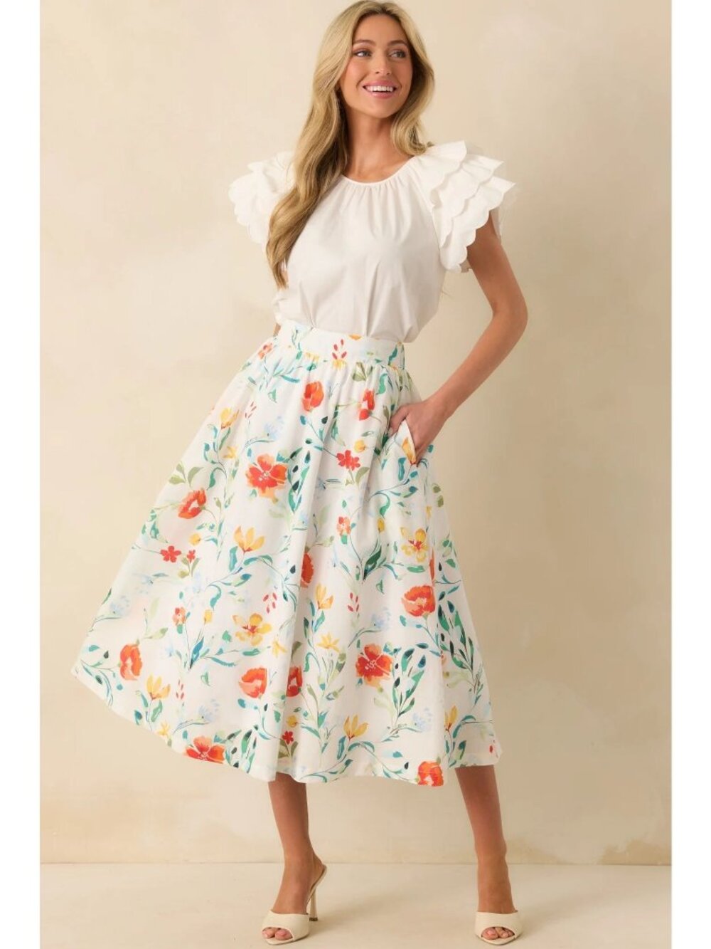 Prosperina Maddie Floral Print Cotton Midi Skirt Multicolor Size Large NWT
